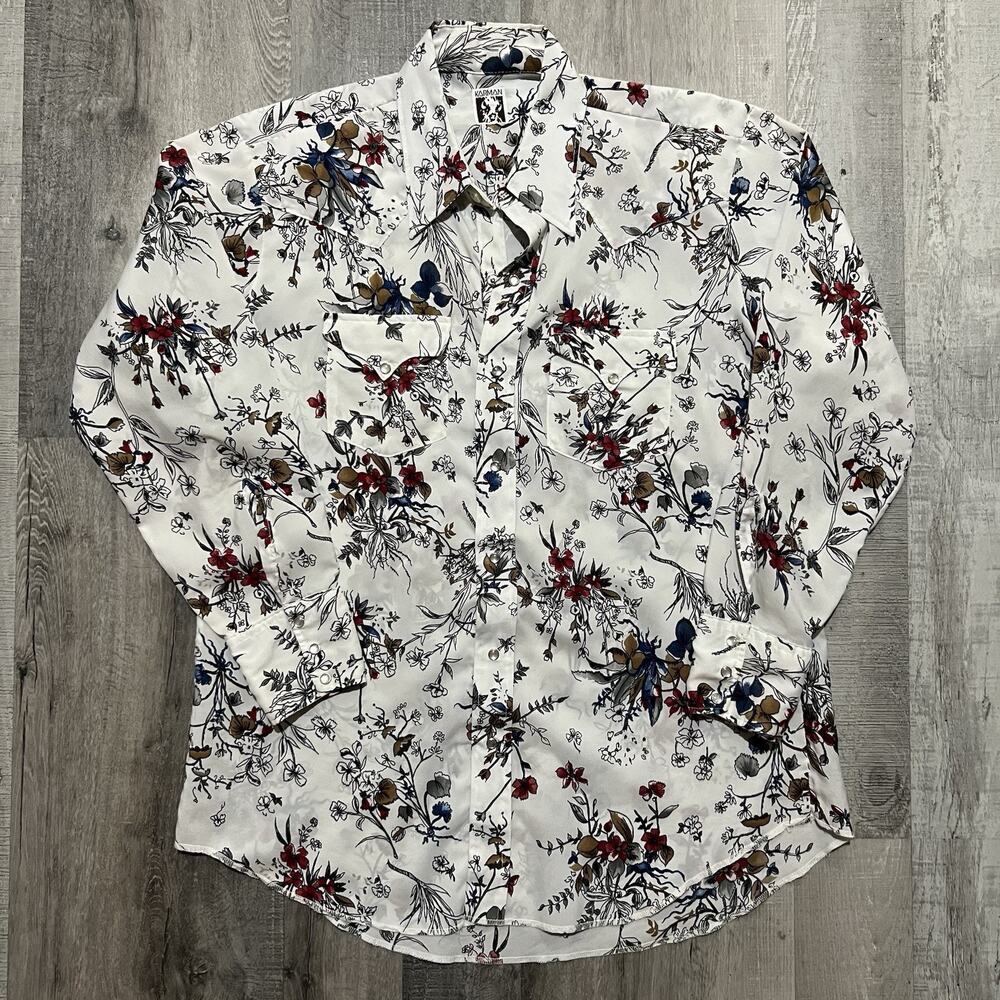 VTG Karman Western Shirt White Floral Print Rockabilly Disco Pearl Snap Shirt L
